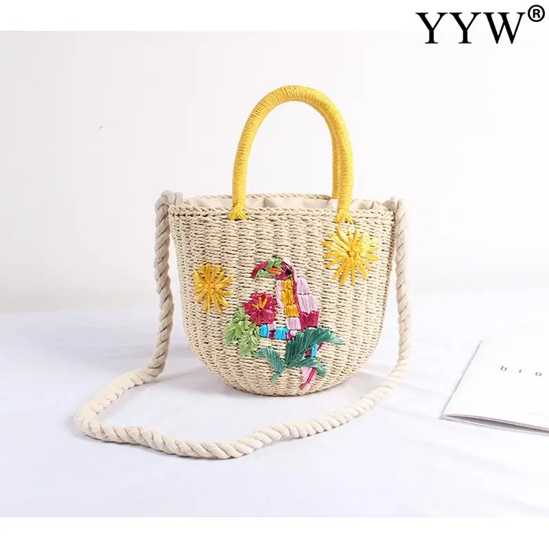 

Embroidery Handbags Animal Design Tiny Little Shoulder Purse Messenger Bucket Bag Straw Bag Summer Beach Tote Women Pom Pom