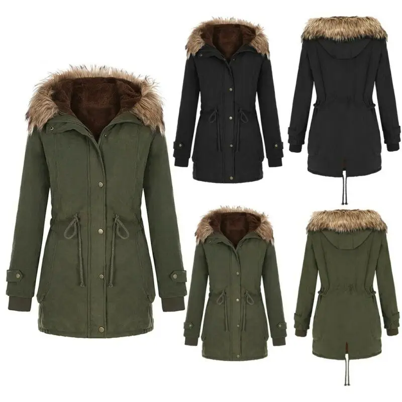 

Ladies Fur Lined Coat Women's Winter Warm Thick Hooded Overcoat Outerwear