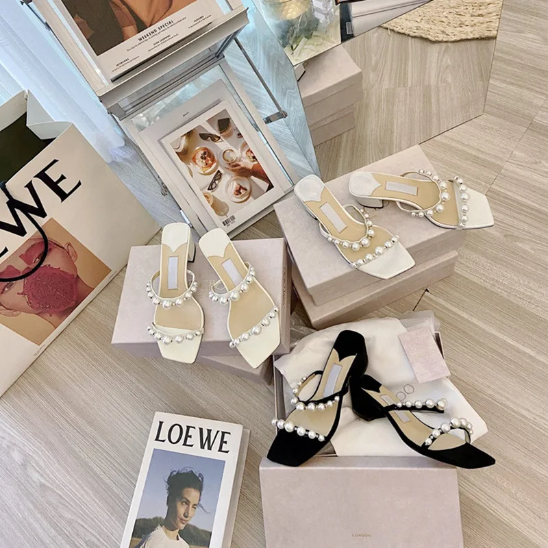 Koovan Women's Sandals 2021 Pearl Square Heels Silver Summer Sandals For Girls Footwears Rhinestone Shoes For Women