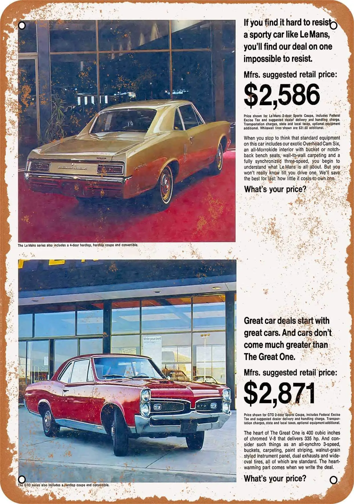 

WANLN 1967 Pontiac Lemans and GTO Metal Tin Sign Home Garage Bar Supplies Lightweight and Interesting Outdoor Decoration 12 X 8