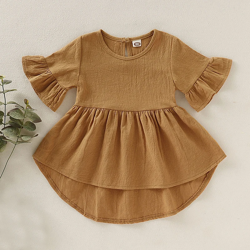 Bear Leader Casual Kid Baby Girl Plain Dress cute Clothes Summer Ruffle Flare Sleeve Asymmetrical Solid Sundress 1-5Y | Детская одежда