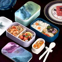 800ml oil painting style lunch box with soup bowl portable microwave bento box leakproof food container storage with tableware