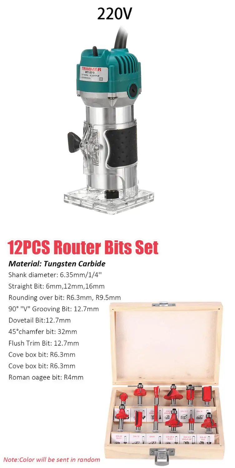 220V and Tools 2200 Вт Электрический ручной слоистый триммер края быстроходный деревообрабатывающий фрезерный станок 1/4 ''цанговый станок для резьбы по дереву Деревообработка столярных изделий Мощность инструменты - Цвет: 220V and Tools