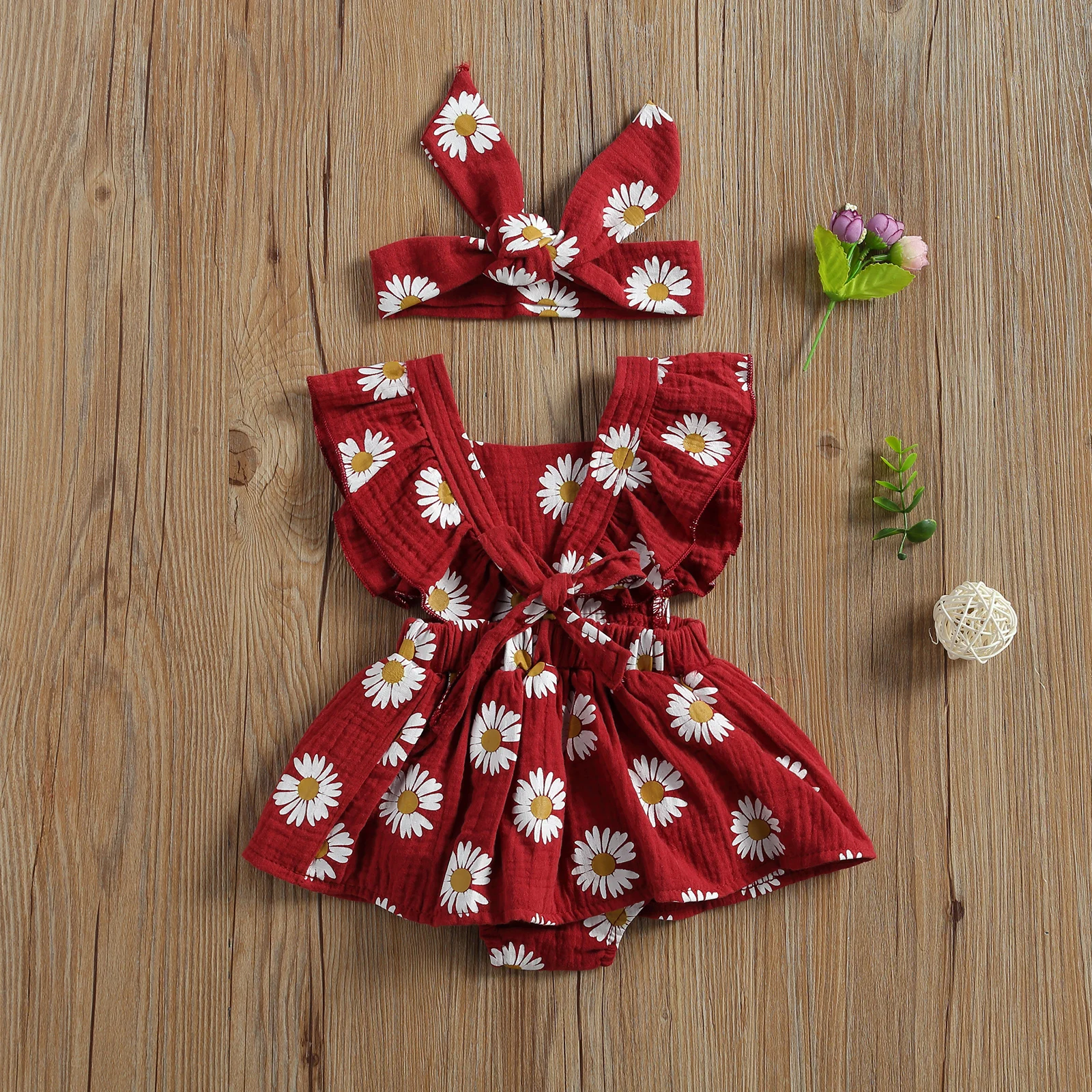 

2020 New 0-24M Toddler Baby Girl Summer 2Pcs Set Dress-Style Floral Print Ruffled Short Sleeve Bodysuit+Headband Outfit 4 Colors