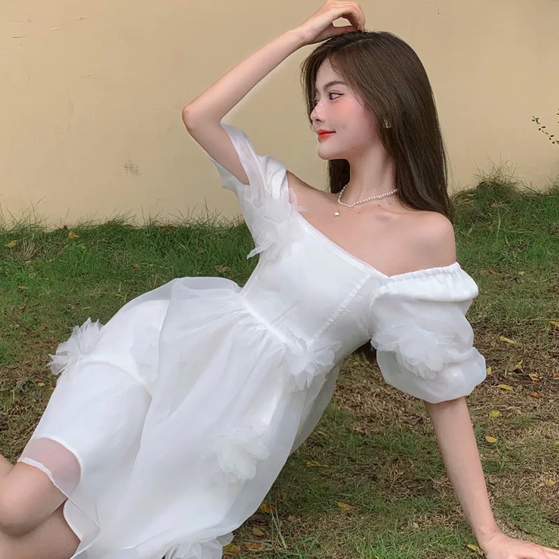 

Korean Girl Princess Kawaii Dress Women 2021 Summer French Sweet Square Collar Puff Short Sleeve Pink Fairy Dress Clothing Party