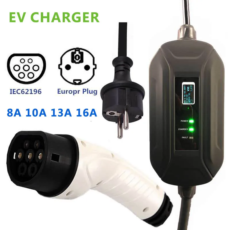 

Type 2 EV Charger Level 2 8A 10A 13A 16A EVSE Portable Electric Vehicle Charger SCHUKO Plug 220V-240V Charging Cable IEC 62196-2