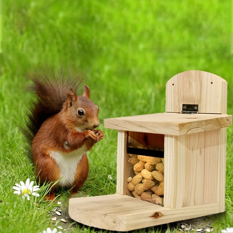 

27RE Squirrel Feeder Box Wooden Squirrel Feeding Station Durable Weatherproof Squirrel Feeding House with Openable Cover