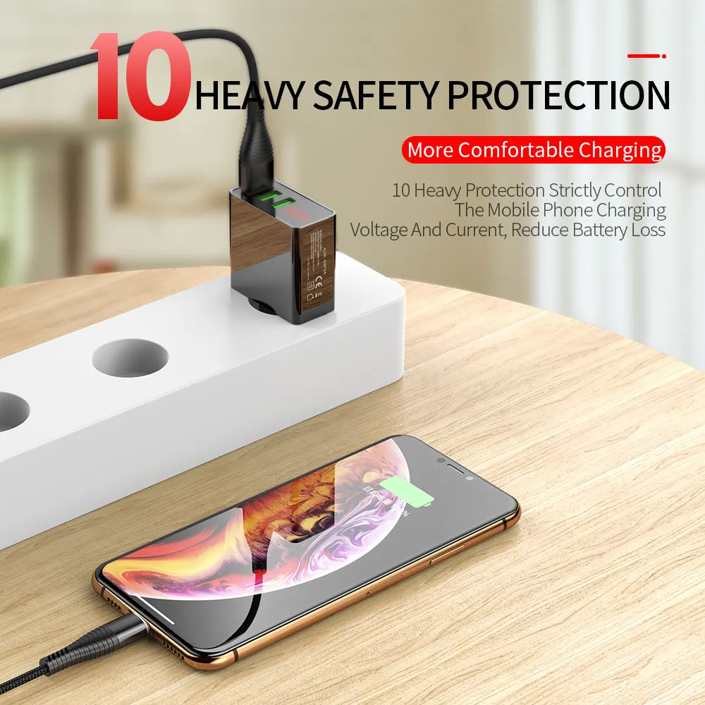 

YKZ Quick charge 3.0 USB Charger for iPhone 12 ProMax Xiaomi Samsung Huawei 5V 3A Digital Display Fast Charge Wall Phone Charger