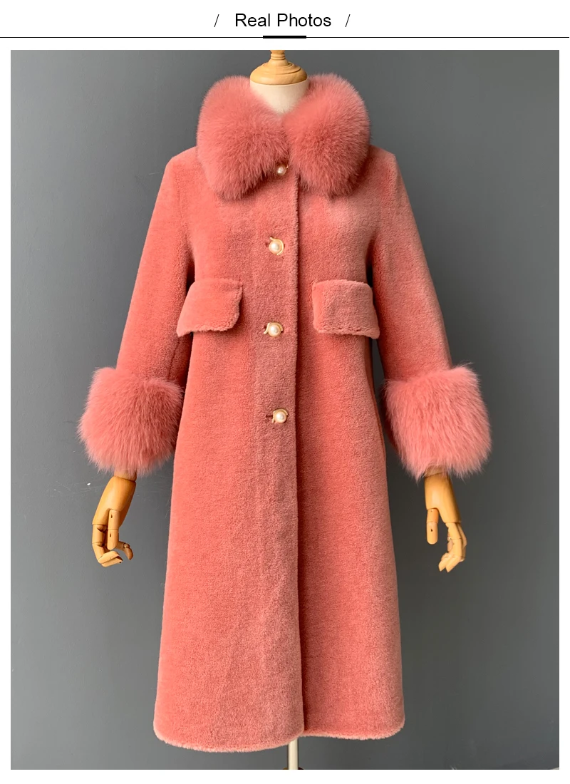 MAOMAOFUR/шерстяное пальто для женщин с натуральным лисьим меховым воротником и манжетами; теплая верхняя одежда для женщин; Новая модная длинная стильная куртка из натурального овечьего меха