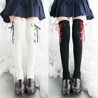 women lolita stockings cosplay spring japanese leggings kawaii anime girl sock black white over knee stocking cross ribbon