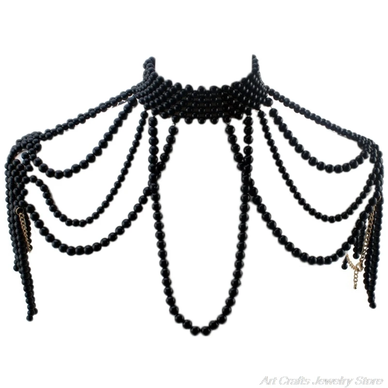 

Simulated Pearl Beads Body Necklace for Women Fake Collar Bib Jewelry Shoulder Chain Tassels Harness Choker Dickey M19 21