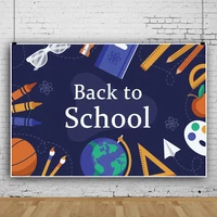 laeacco back to school backdrops stationery student globe pattern blue background customized banner photographic photo studio