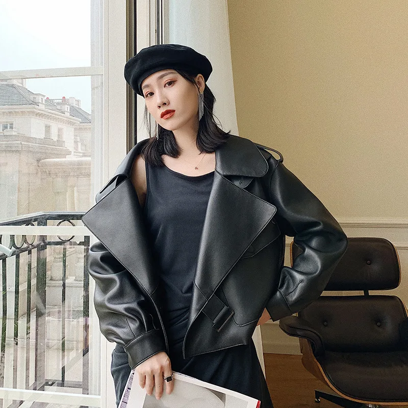 Genuine Leather jacket short oversize silhouette little sheepskin spring autumn new large shearling jacket women streetwear y2k