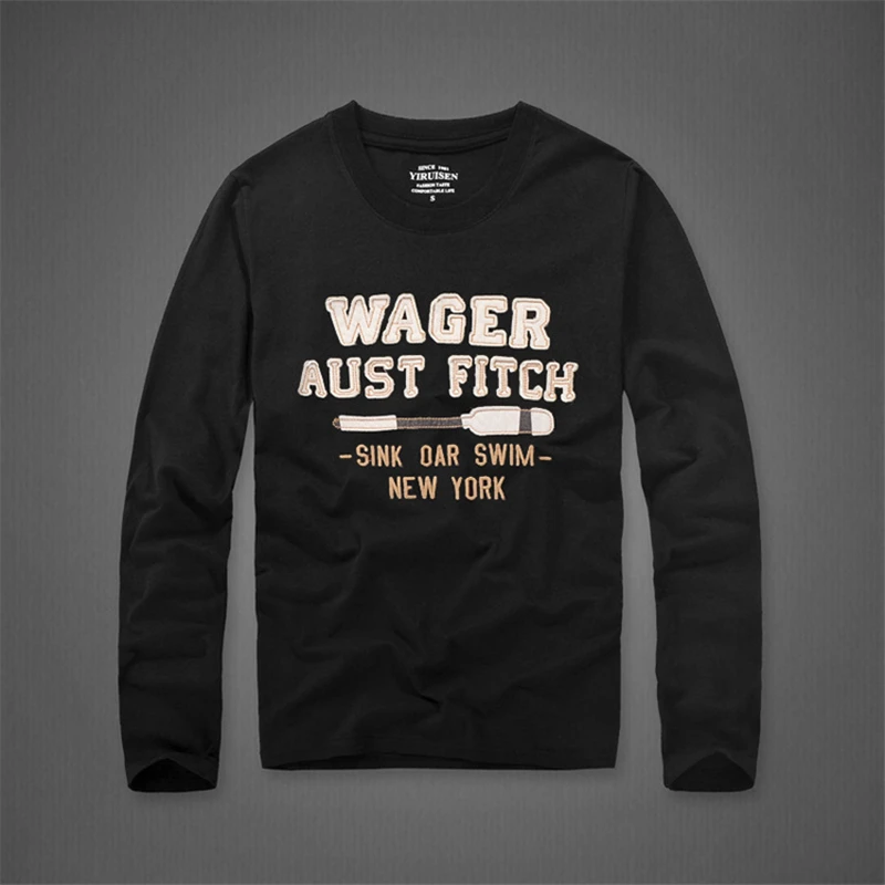 Футболка для мужчин 100% хлопок Вышивка Длинные рукава футболки с О образным