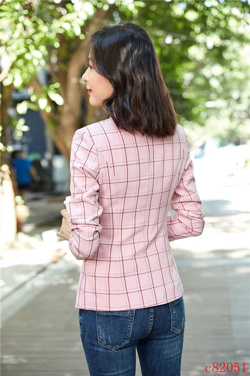 

Fashion Casual Laides Pink Plaid Blazer Women Outerwear Jackets Female Blaser OL Styles Blazer Casual Long Jackets and Coats