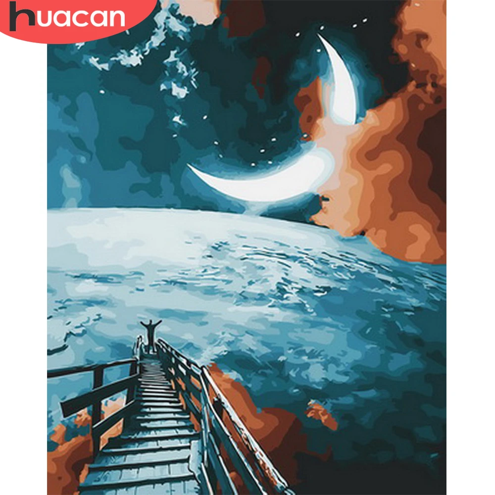 HUACAN картина маслом Луна Пейзаж Ручная роспись украшения дома фотографии по