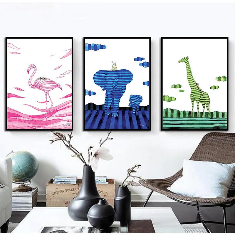 Мультфильм ясельного искусства Фламинго Слон Олень плакат ПОП настенный