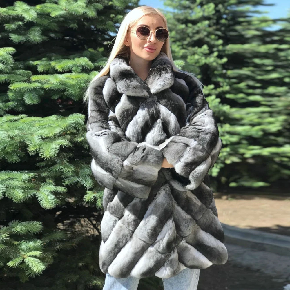 Fashion Long Real Fur Coat for Women Winter Outwear 2022 New Stand Collar Chinchilla Color Natural Rex Rabbit Fur Coats Genuine