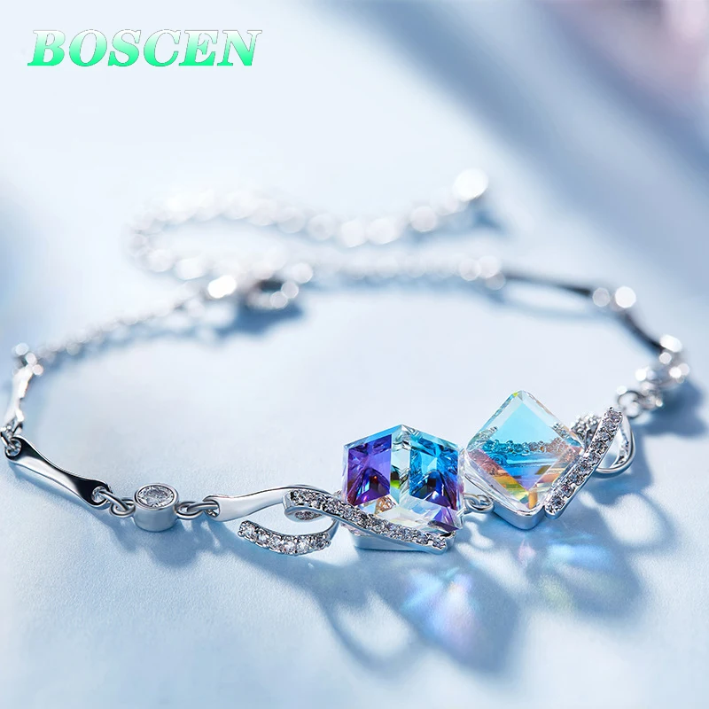 BOSCEN украшенный кристаллами от Swarovski разноцветный браслет для женщин девушка подарок на день рождения милый роскошный квадратный элегантный