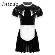 Mens Sissy Maid Cosplay Costume Set Round Neck Wet Look Leather Maid Servant Uniform Role Play Clothing Flared Dress with Apron