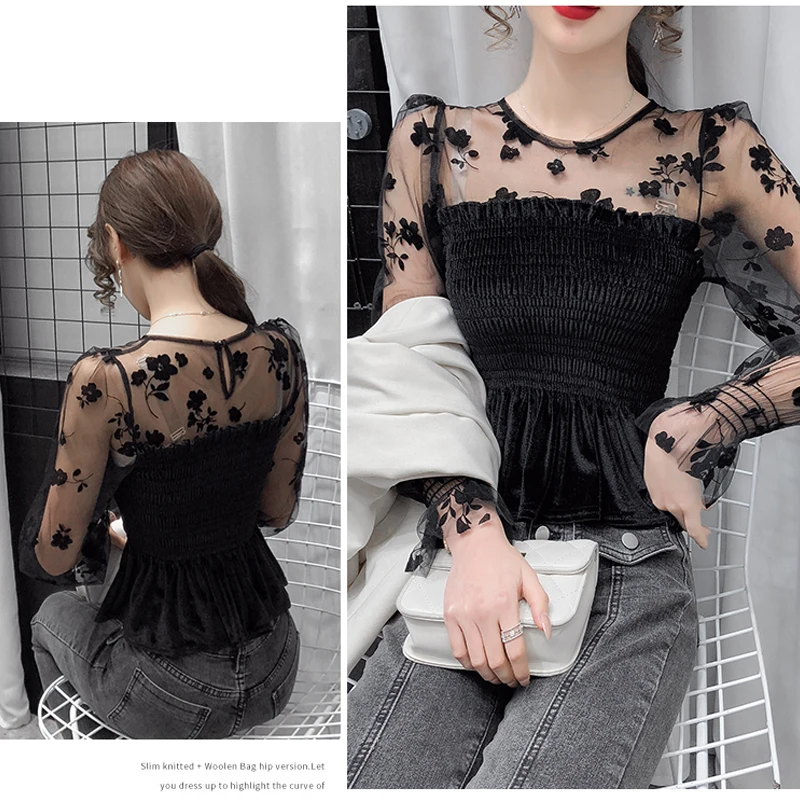 Новинка 2021 Весенняя женская сексуальная кружевная блузка женские черные сетчатые Короткие топы с пышными