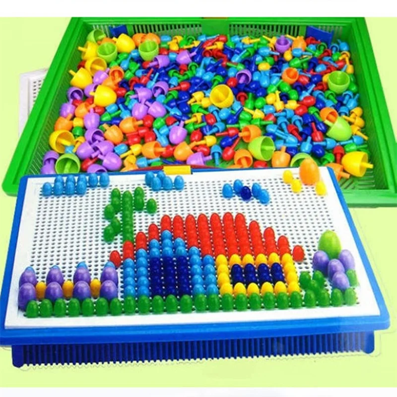 

296 Pcs/Set Box-packed Grain Mushroom Nail Beads Intelligent 3D Puzzle Games Jigsaw Board for Children Kids Educational Toys