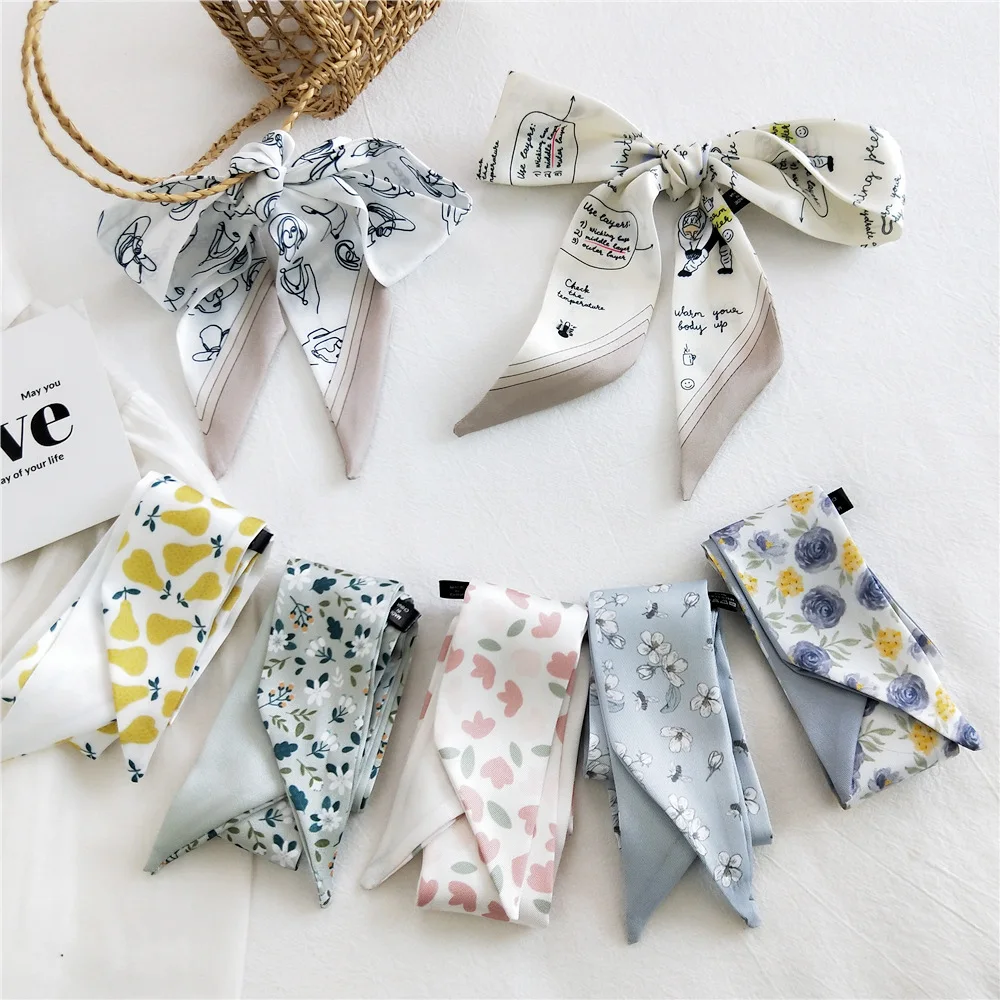 

Многоцветной печати Винтаж шелковый шарф модная резинка для волос в стиле ретро женские аксессуары для волос сумка с лентой узкие шарфы пла...