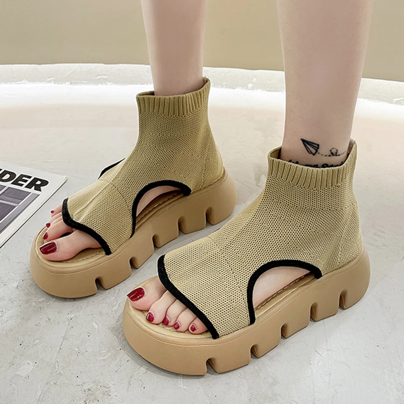 

Lucyever Summer Women's Platform Sandals 2021 Knit Open Toe Chunky Ankle Sandalias Boots Woman Comfort Fashion Rome Shoes Sandal