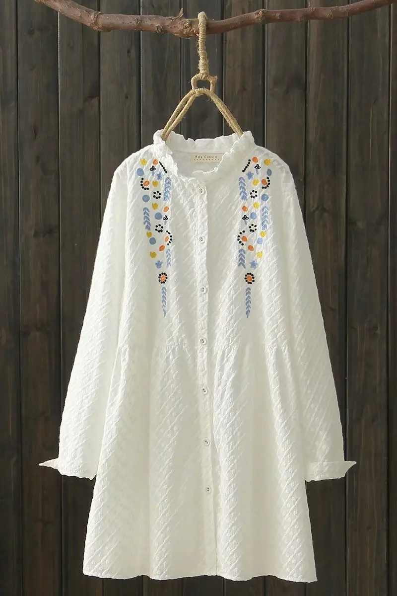 

2021 New Solid Medium-length White Shirt Women's Cotton Full National Style Embroidery Tops