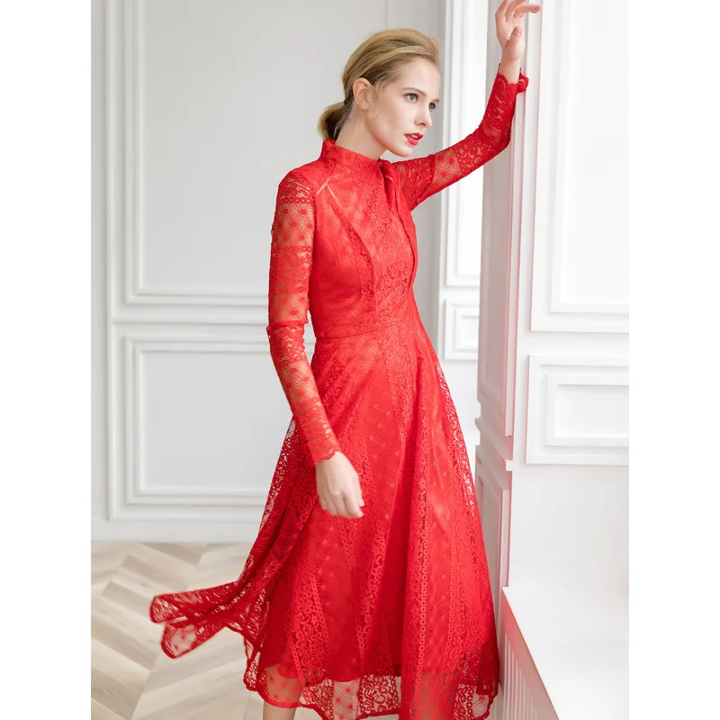 

Europe 2020 Fashion New Style Embroidery Lace Solid Color Long Sleeves Hollow Out Black Red Maxi Dress Women