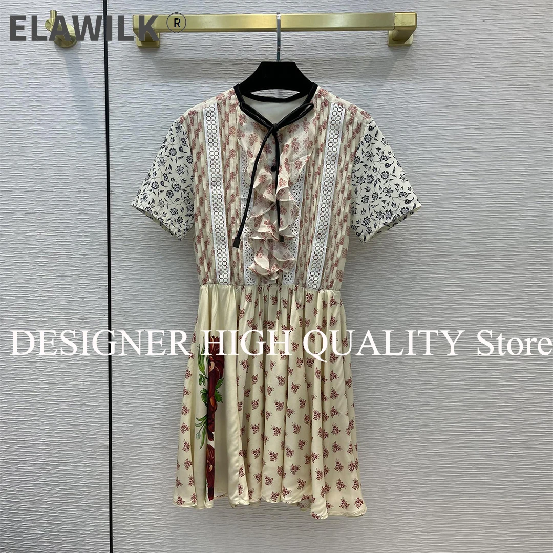 

Женское винтажное шелковое платье с цветочным принтом, круглым вырезом и коротким рукавом