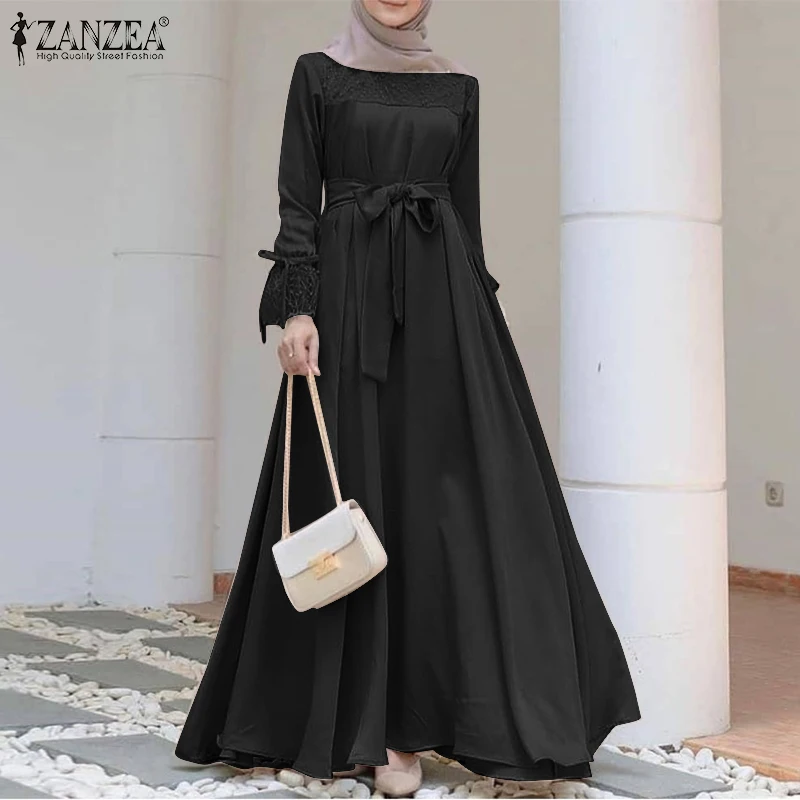 2021 ZANZEA Women Fashion Muslim Dress Long Sleeve Lace Patchwork Abaya Sundress Elegant Maxi Vestidos Marocain Robe Femme | Тематическая