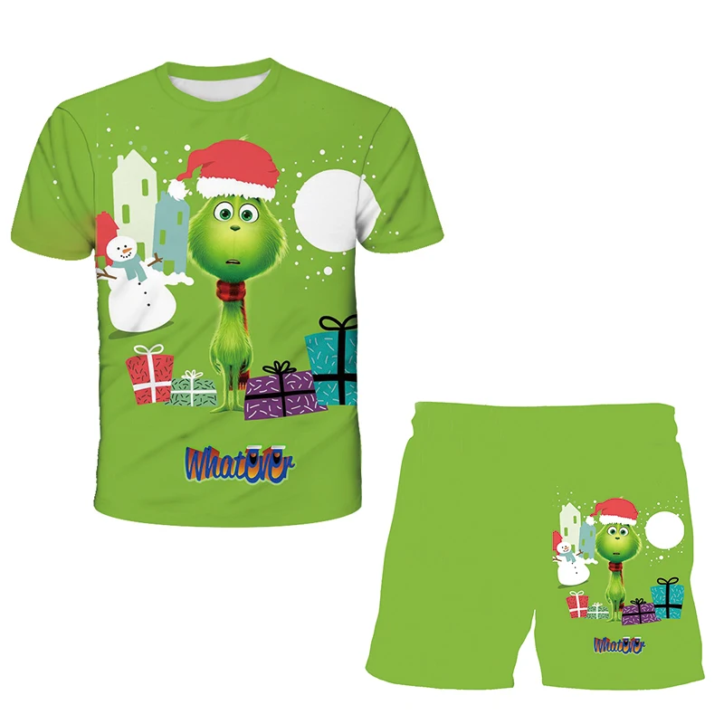 

Girl Suit green Grinch 3D Anime Print Girl Clothes Summer T-shirt Casual Boy Suit Children T-shirt Girl top + shorts Set baby