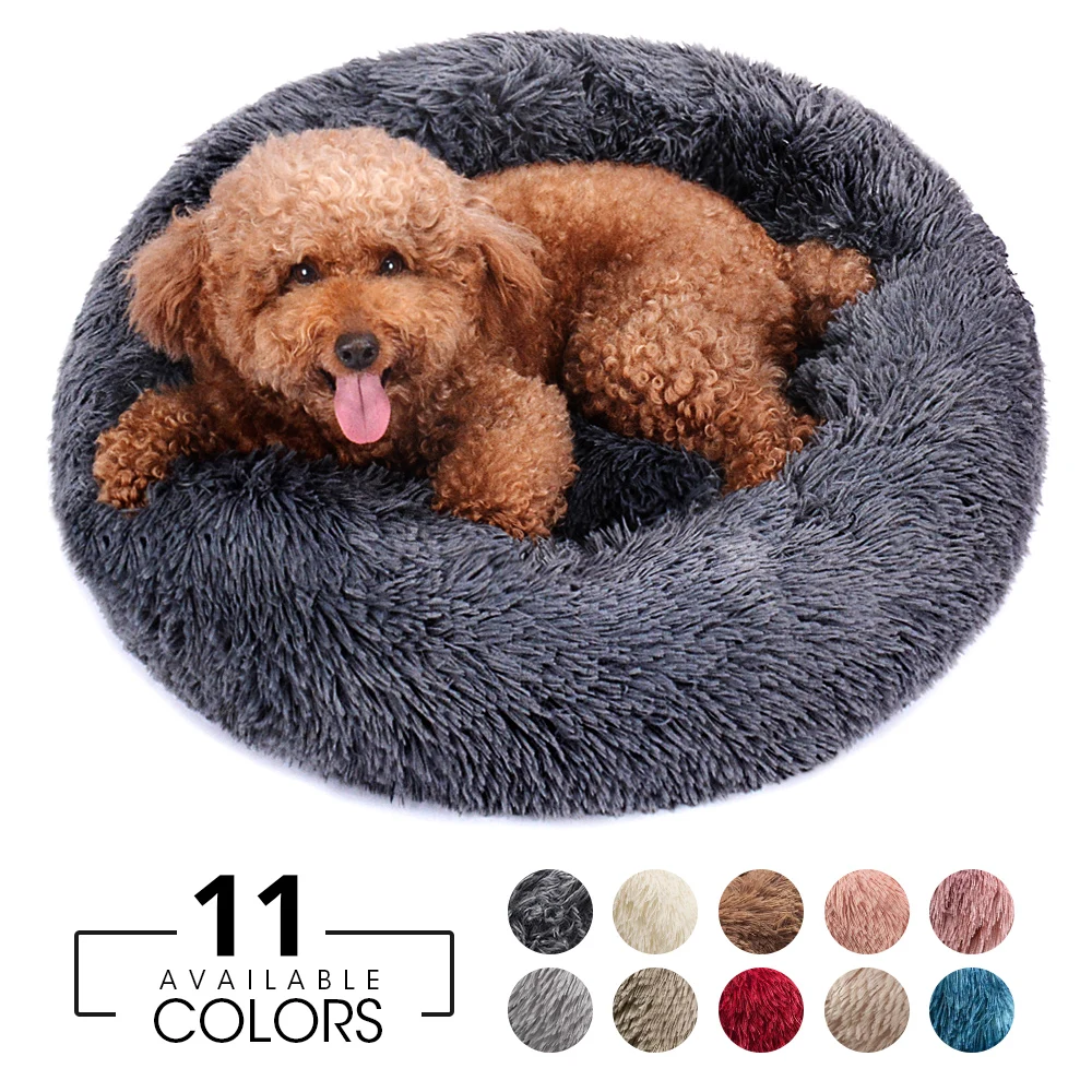 

Round Plush Dog Bed House Dog Mat Winter Warm Sleeping Cats Nest Soft Long Plush Dog Basket Pet Cushion Portable Pets Supplies