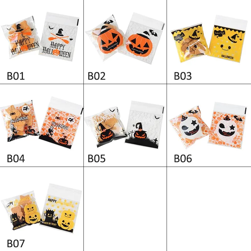 

50/100Pcs 10x10cm Big Halloween Candy Bag Pumpkin Witch Print Self-adhesive Plastic Bags Happy Halloween Candy Cookie Packaging