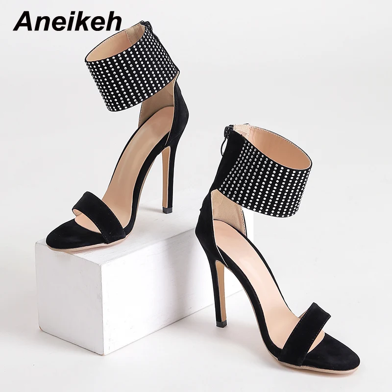 

Aneikeh Design Sense Shallow Flock Platform Sandals For Women Summer Sexy Crystal Thin Heels High Shoes 2022 Head Peep Toe Dance