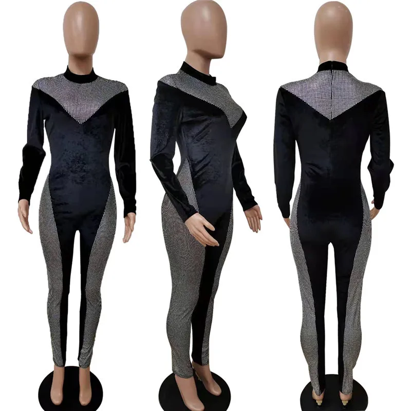 

CHRONSTYLE Sparkle Sequined Patchwork Velvet Jumpsuits Sexy Women Romper 2021 Chic Black Skinny Bodysuit Party Clubwear Overalls