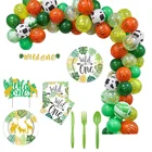 И надписью Wild One зеленый принадлежности для тематической вечеринки набор одноразовой посуды Бумага тарелки салфетки чашки Baby Shower дети День рождения украшения