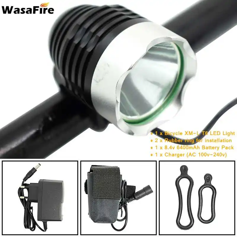 WasaFire 1800lm XML-T6 светодиодный велосипедный передний световой фонарь для велосипедной фары из сплава для езды на велосипеде с аккумулятором 6400 мАч - Цвет: Черный