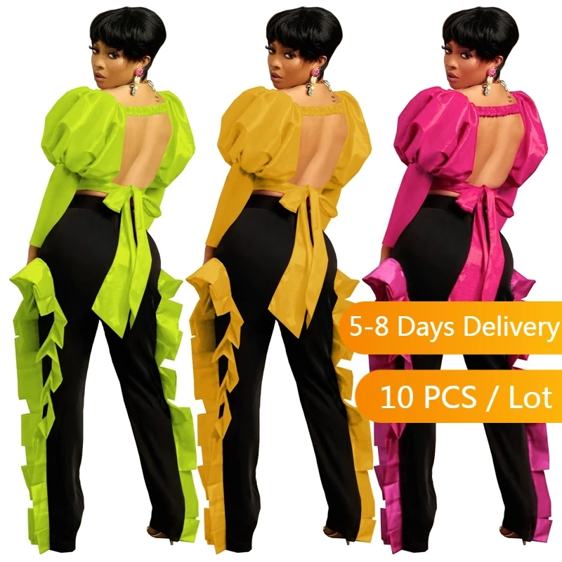 

Женский комплект из двух предметов, облегающий клубный костюм в стиле пэчворк с оборками и длинными рукавами-фонариками на осень