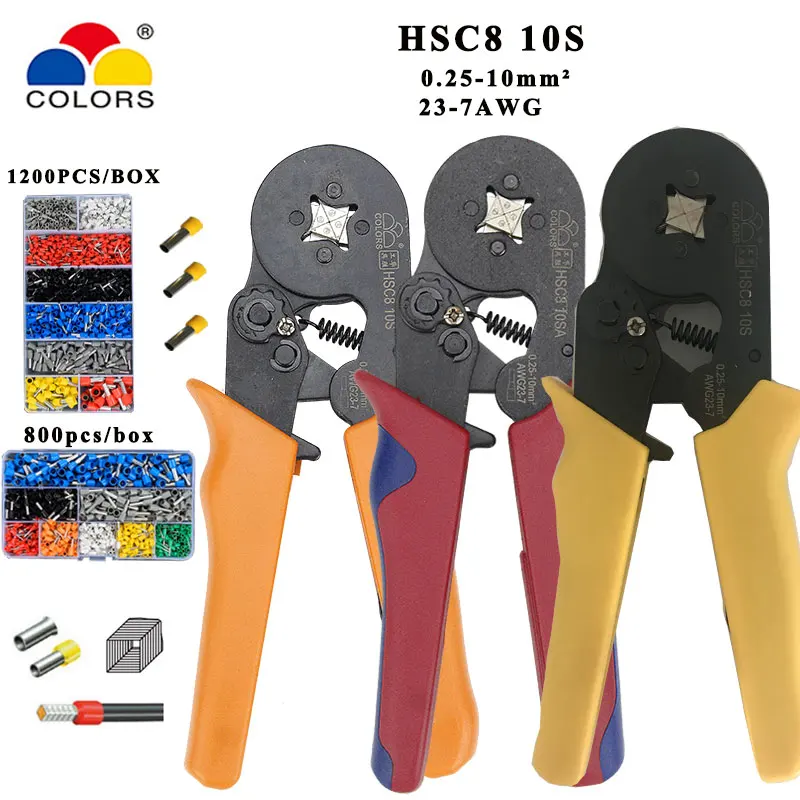 

Mini pliers electrical wire crimping tools tubular terminals box set HSC8 10S 0.25-10mm2 AWG23-7 with 1200/800pcs Terminal set