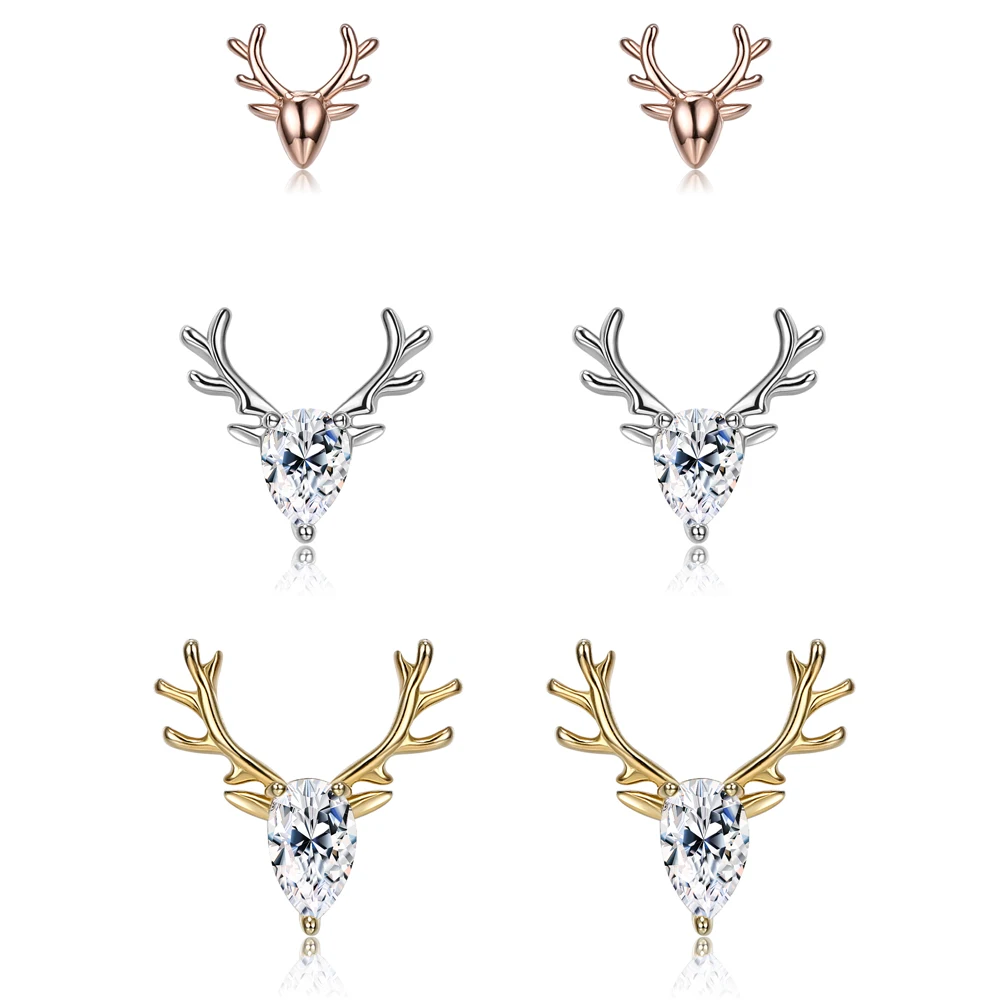 

ZEMIOR 925 Sterling Silver Cute Christmas Elk Stud Earrings For Women 3 Colors Shiny Cubic Zirconia Earring Original Jewelry