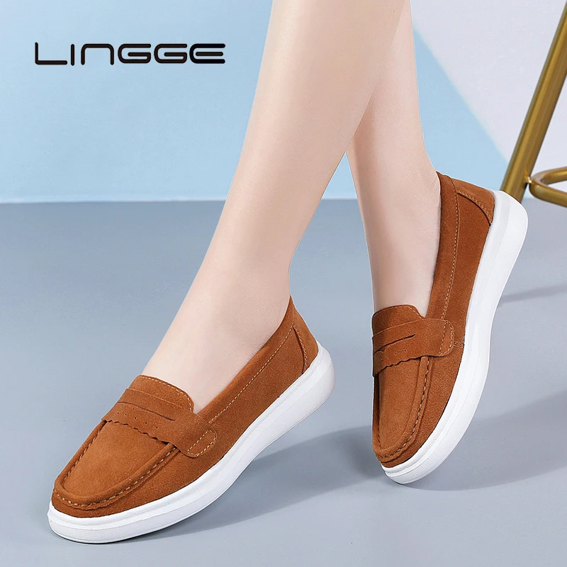 

LINGGE Fashion Women Flats High Quality Cow Suede Leather Loafers Light Women Sneakers Comfy Slip On Sport Shoes Big Size 35-43