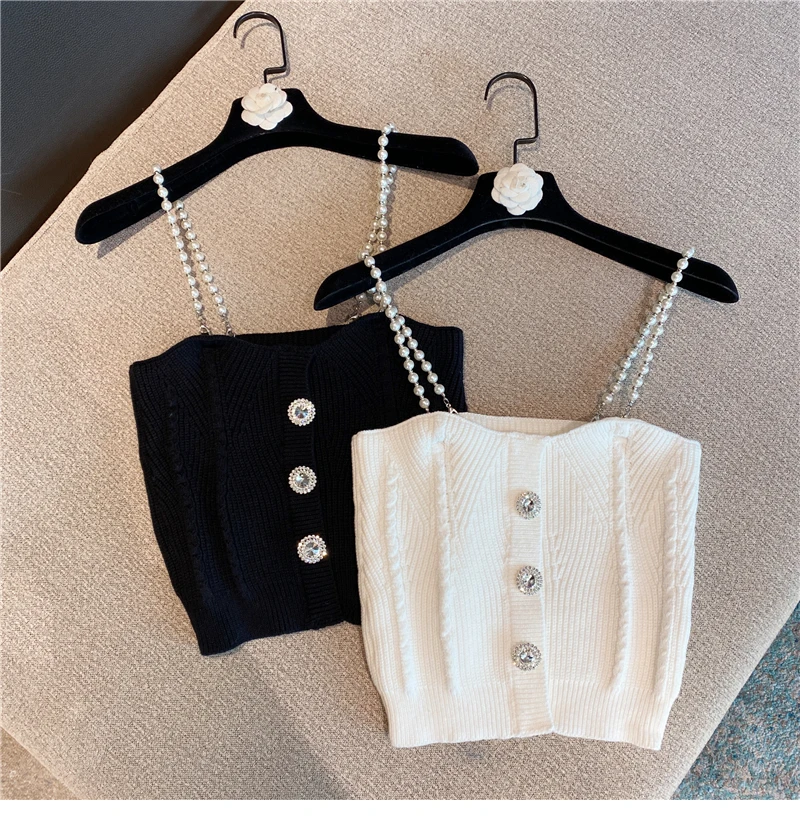 

Sweet Sleeveless Tank Tops Women Spring Rhinestone Pearl Strap Short Knitted Camisole Vest Solid Color Soft Style