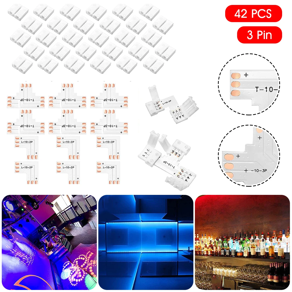 

New 42pcs LED Light Strip Connector for 10mm 3Pin Solderless LED Strip Connector Adapter with Gapless Clips T/L Shape Connectors