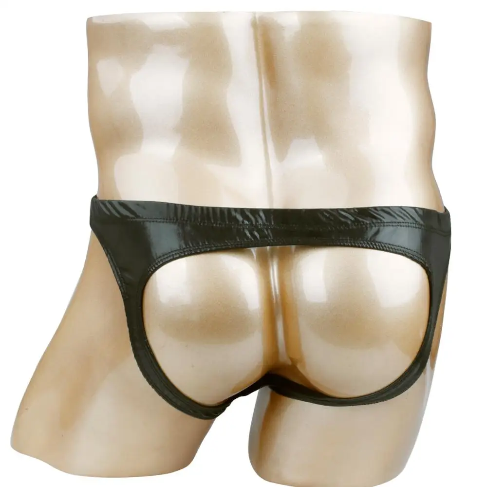

Mens Lingerie Panties Shiny Patent Leather Bikini Briefs Male Exotic Underwear Sissy Front Pouch Open Butt Panties with Holes