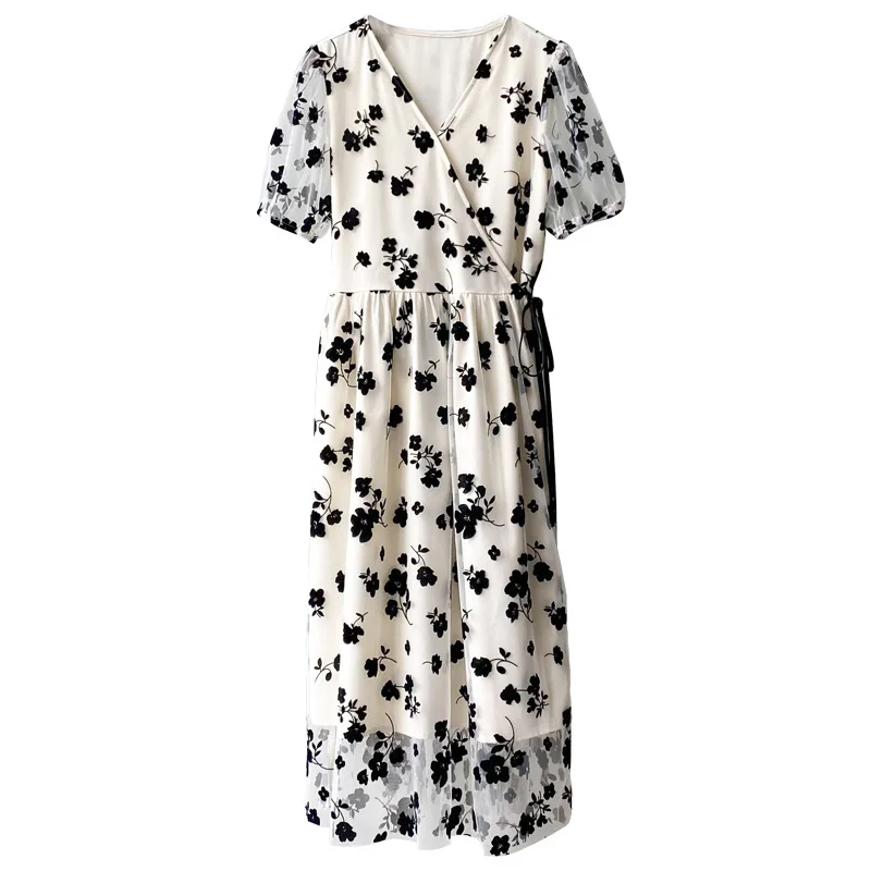 

Vintage Floral Print Maxi Dress Women's 2021 Summer New Lace Floral Flocking V-neck Platycodon Dress 5919