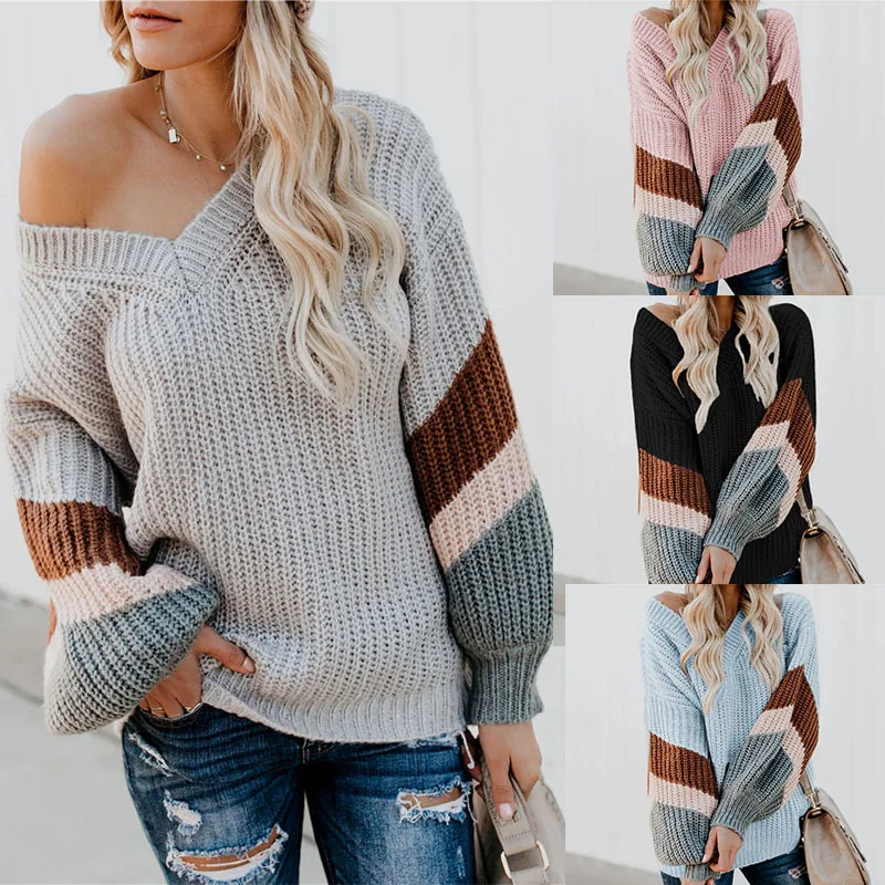 

Fashion Women V-Neck Long Sleeve Striped Knitted Chunky Pullover Sweater Blouse