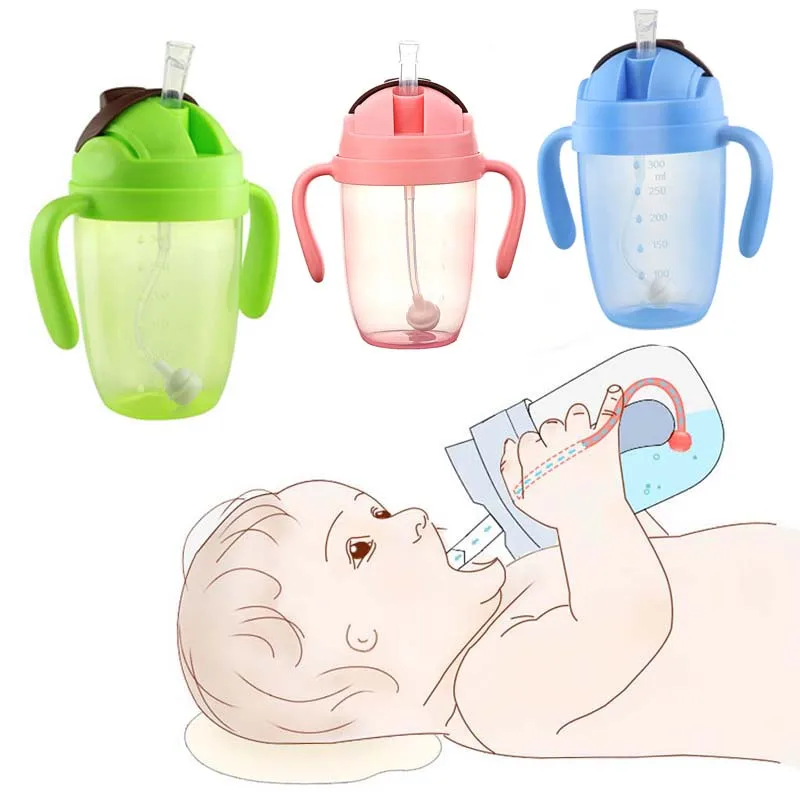 

300ml Cute Baby Cup Kids Children Training Bottle Learn Feeding Drinking Water Straw Handle Bottle mamadeira Sippy
