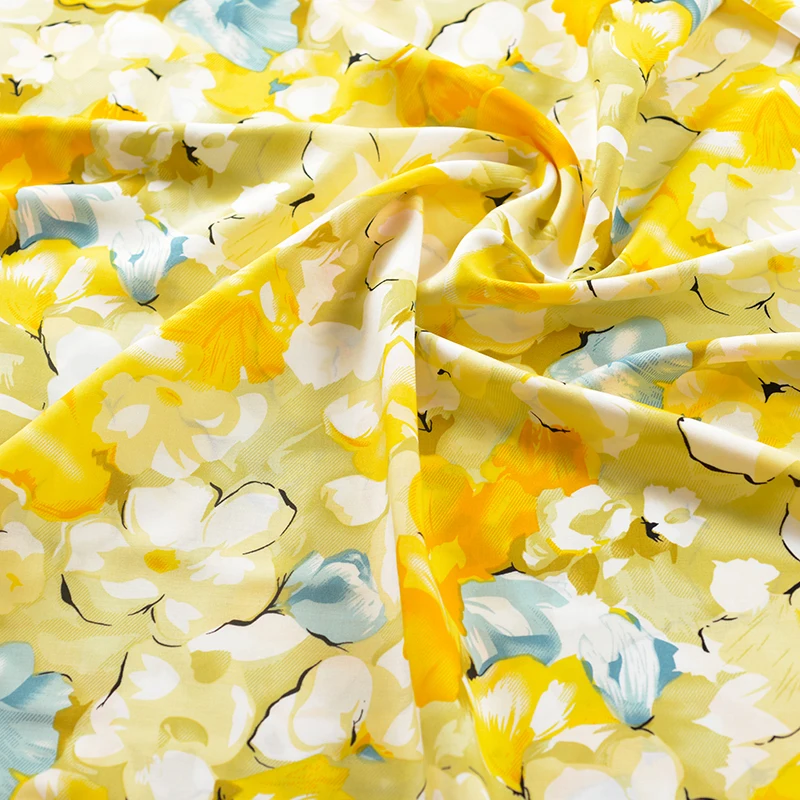 

100cm*140cm Yellow Flower Rayon Fabric Soft Viscose Material For Dress Shirt Flower Print Silk Cotton Fabric